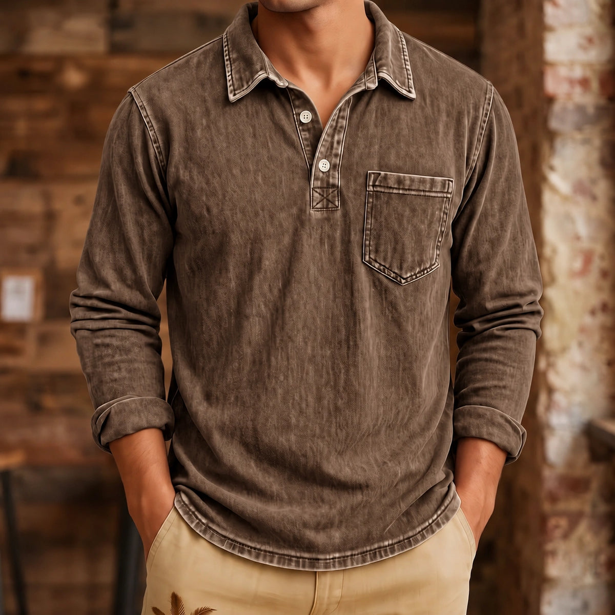 Mivanity Men's Vintage Washed-Effect Long Sleeve Polo Shirt With Pocket