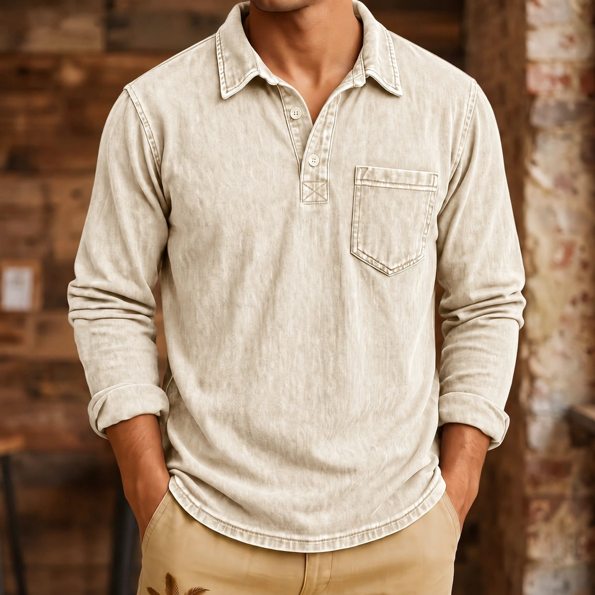Mivanity Men's Vintage Washed-Effect Long Sleeve Polo Shirt With Pocket