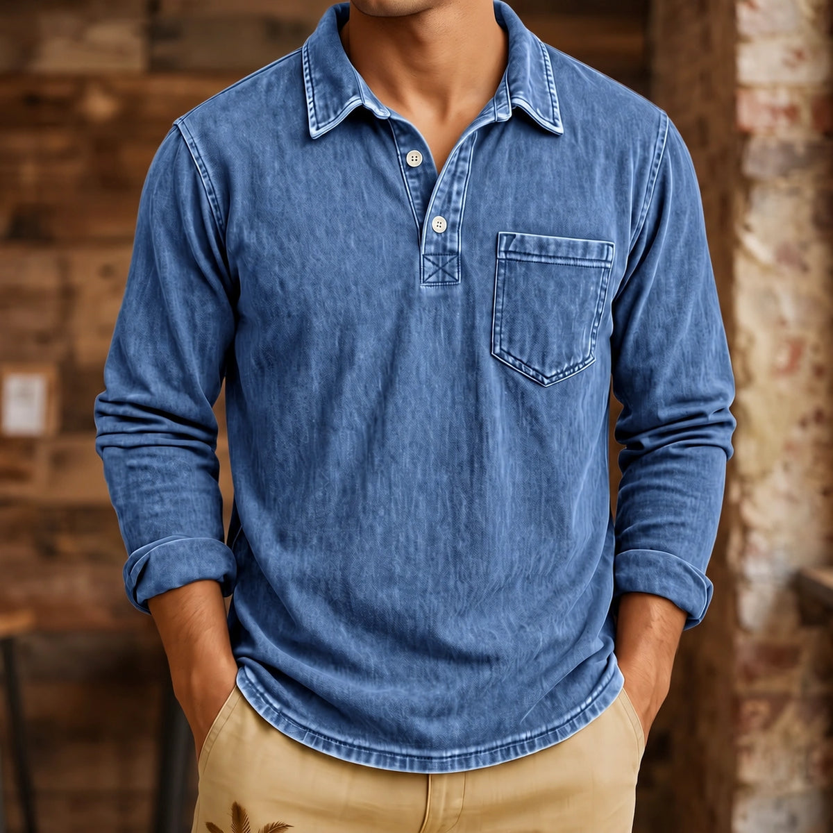Mivanity Men's Vintage Washed-Effect Long Sleeve Polo Shirt With Pocket