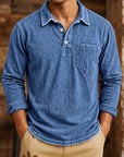 Mivanity Men's Vintage Washed-Effect Long Sleeve Polo Shirt With Pocket