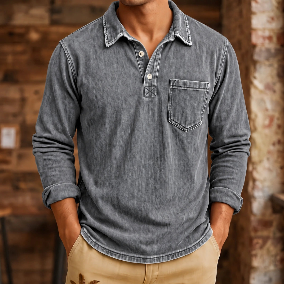 Mivanity Men's Vintage Washed-Effect Long Sleeve Polo Shirt With Pocket