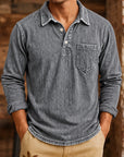 Mivanity Men's Vintage Washed-Effect Long Sleeve Polo Shirt With Pocket