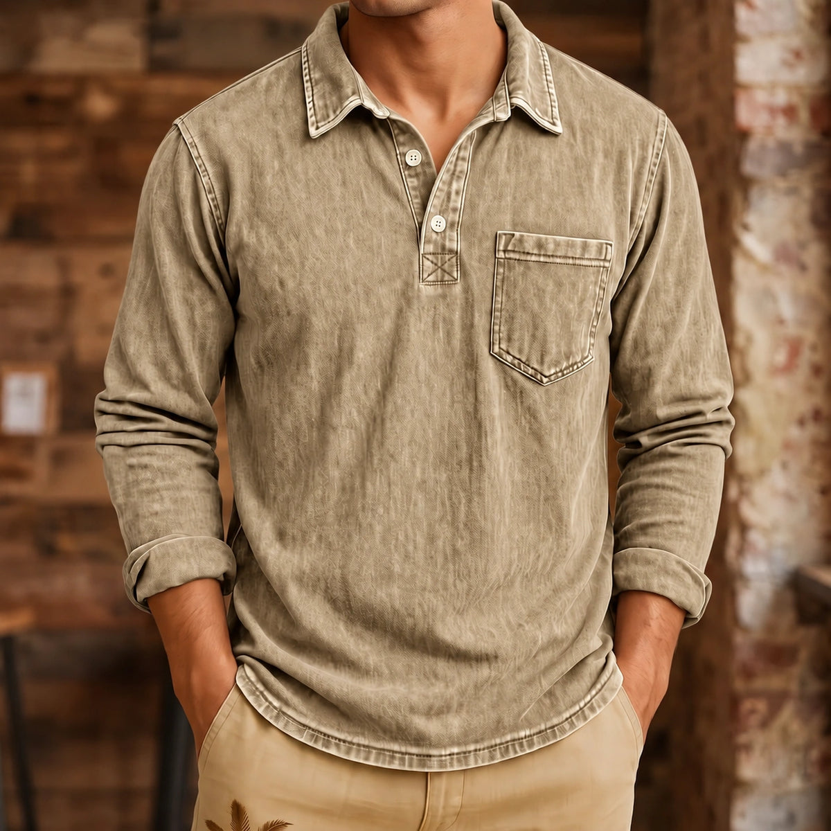 Mivanity Men's Vintage Washed-Effect Long Sleeve Polo Shirt With Pocket