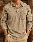 Mivanity Men's Vintage Washed-Effect Long Sleeve Polo Shirt With Pocket