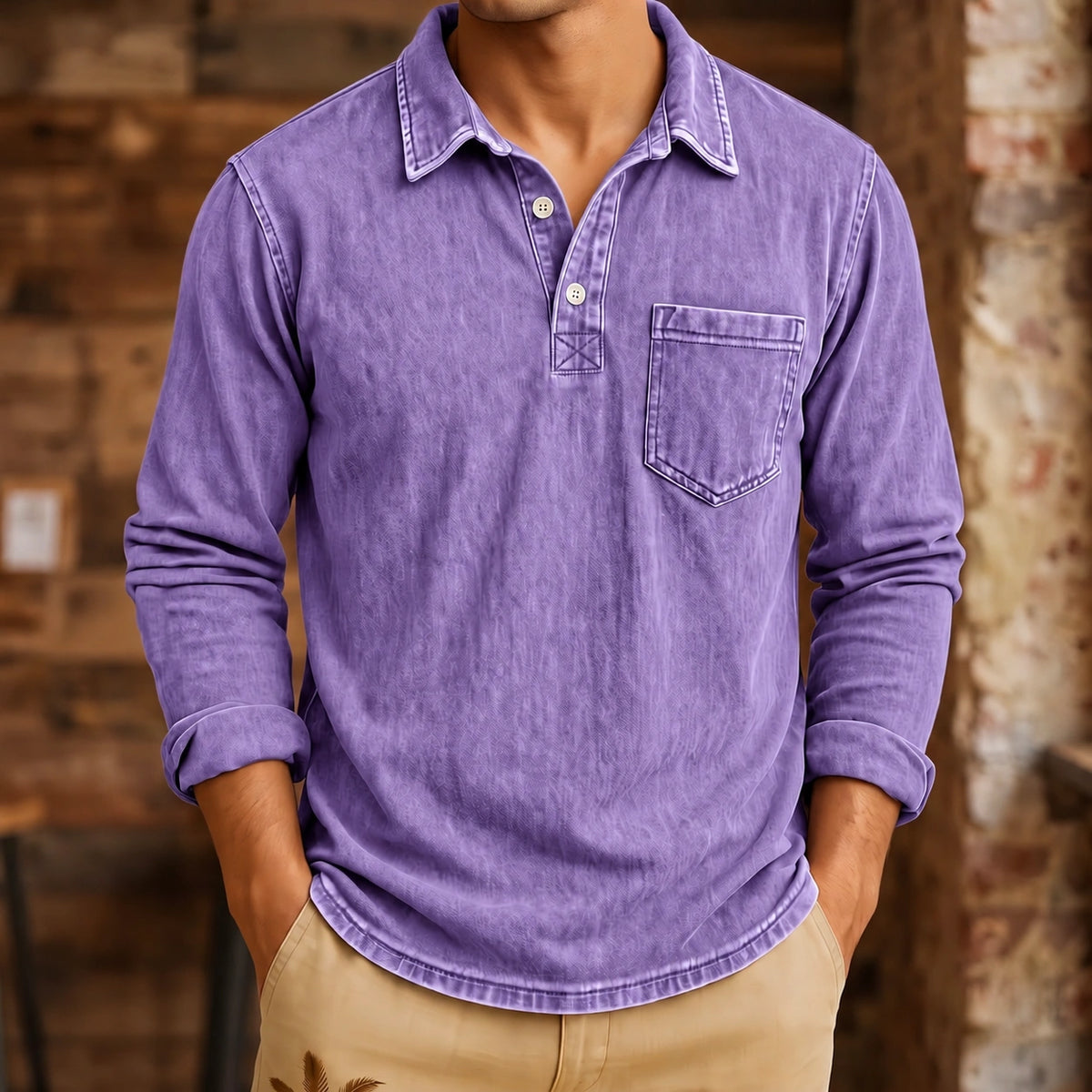 Mivanity Men's Vintage Washed-Effect Long Sleeve Polo Shirt With Pocket