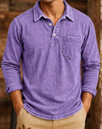 Mivanity Men's Vintage Washed-Effect Long Sleeve Polo Shirt With Pocket