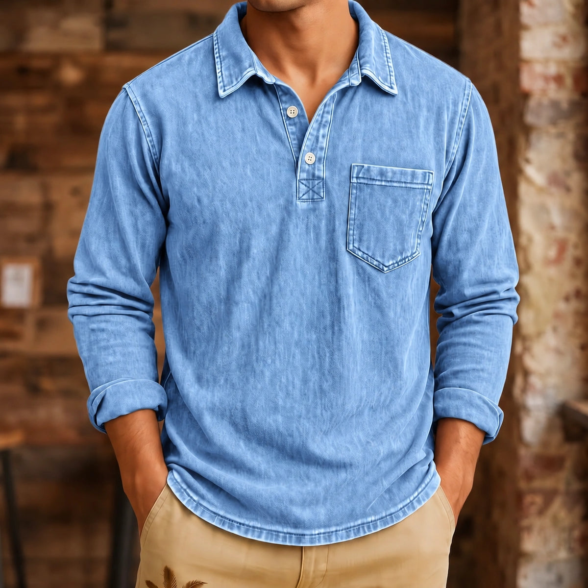 Mivanity Men's Vintage Washed-Effect Long Sleeve Polo Shirt With Pocket