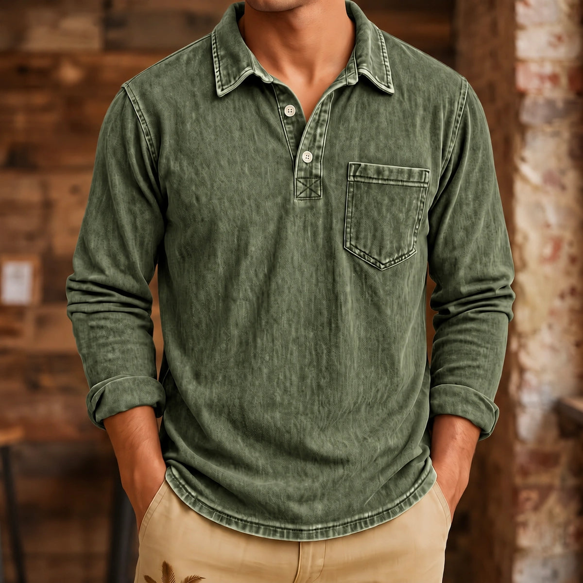 Mivanity Men's Vintage Washed-Effect Long Sleeve Polo Shirt With Pocket