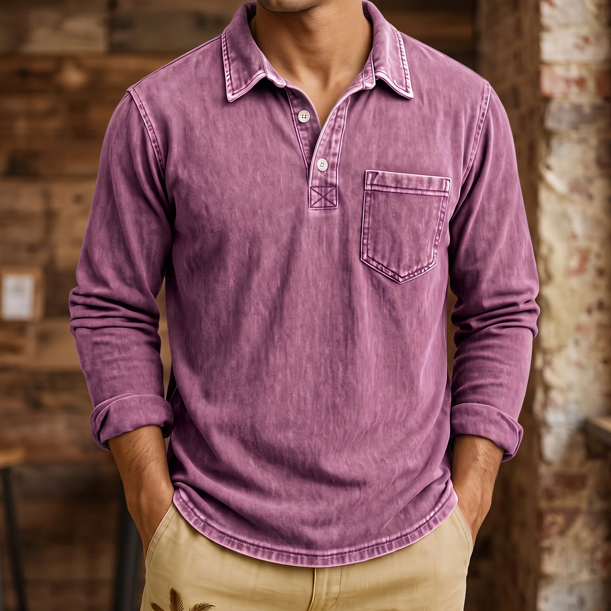 Mivanity Men's Vintage Washed-Effect Long Sleeve Polo Shirt With Pocket