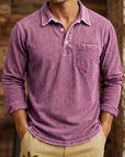 Mivanity Men's Vintage Washed-Effect Long Sleeve Polo Shirt With Pocket
