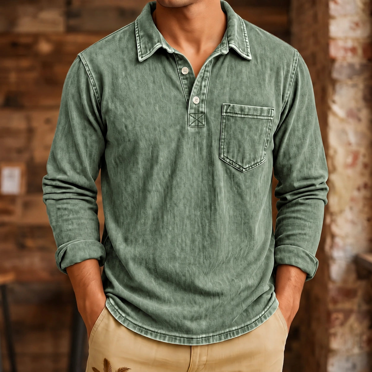 Mivanity Men's Vintage Washed-Effect Long Sleeve Polo Shirt With Pocket