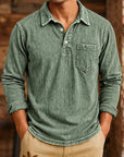 Mivanity Men's Vintage Washed-Effect Long Sleeve Polo Shirt With Pocket