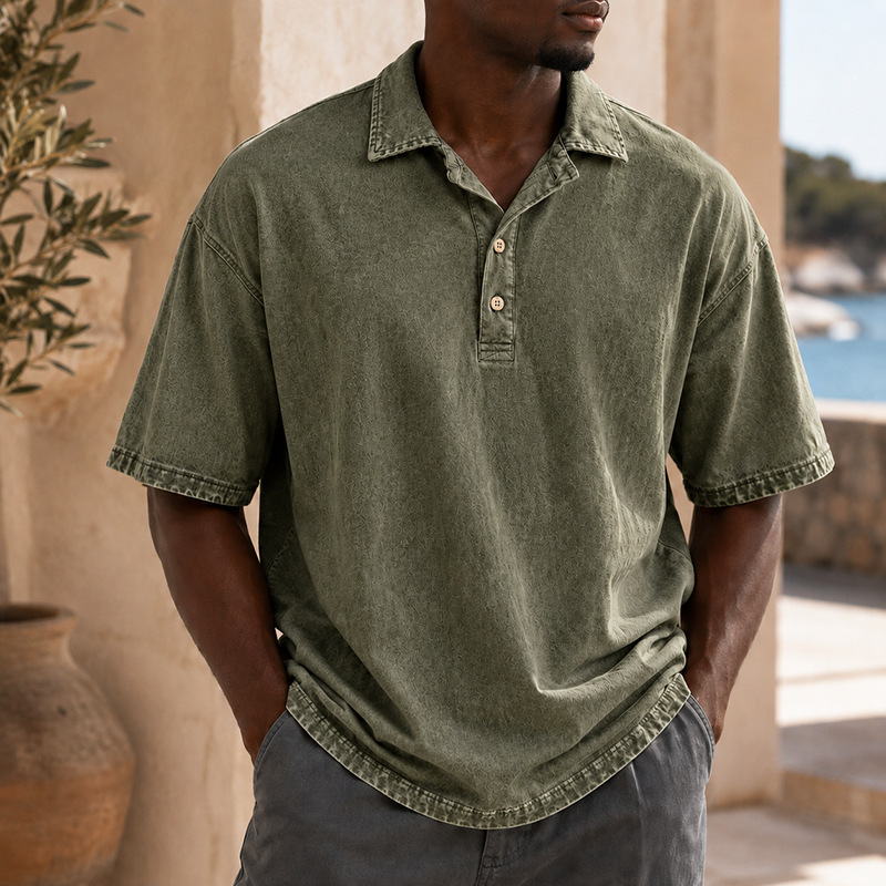 Mivanity Men’s Vintage Washed Cotton Linen Oversized Polo Shirt