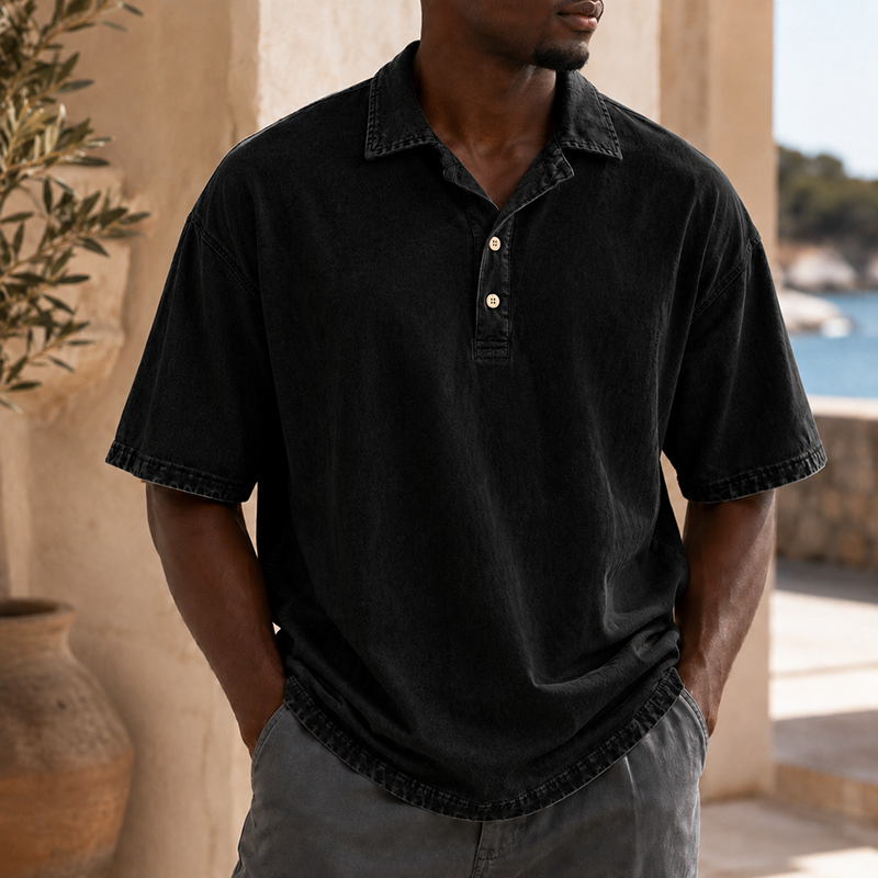Mivanity Men’s Vintage Washed Cotton Linen Oversized Polo Shirt