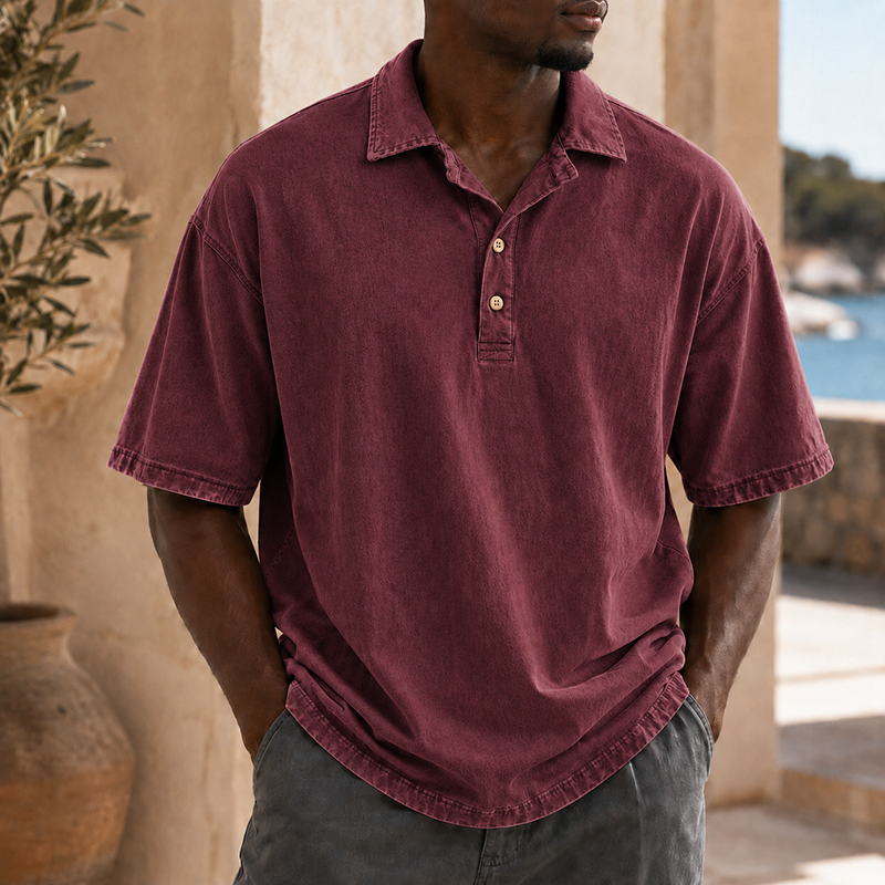 Mivanity Men’s Vintage Washed Cotton Linen Oversized Polo Shirt