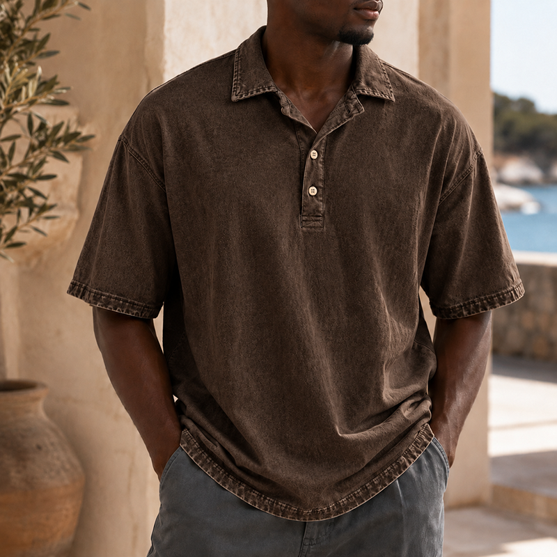 Mivanity Men’s Vintage Washed Cotton Linen Oversized Polo Shirt