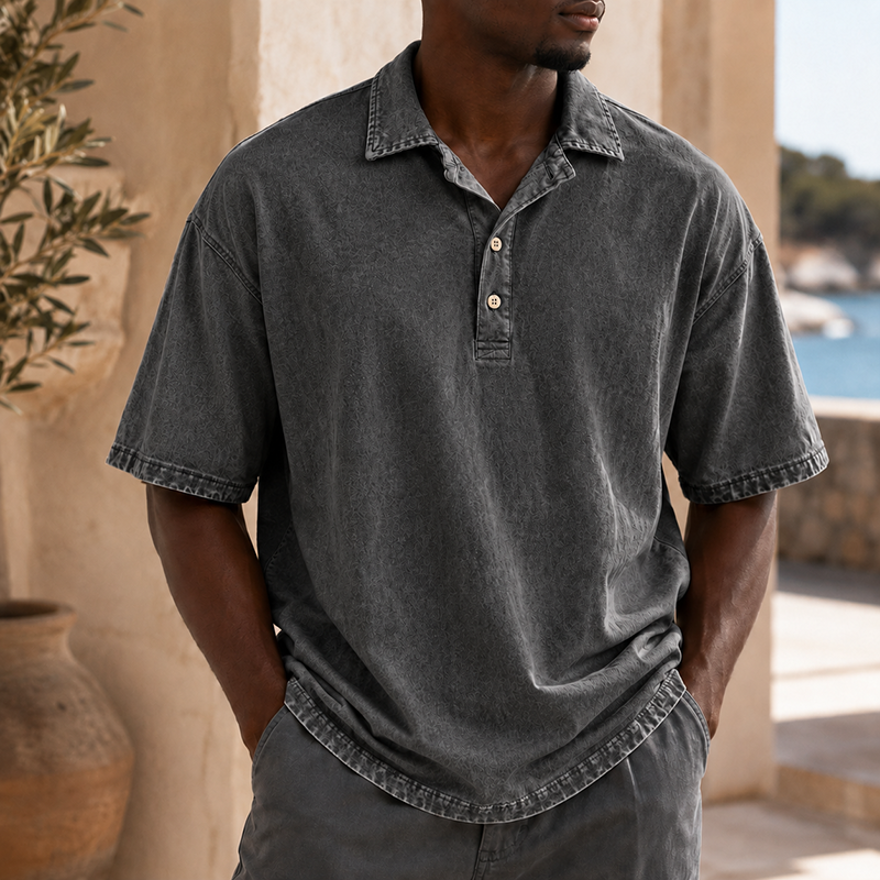 Mivanity Men’s Vintage Washed Cotton Linen Oversized Polo Shirt