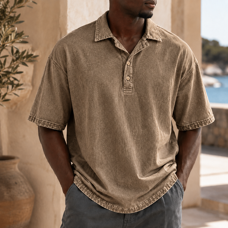 Mivanity Men’s Vintage Washed Cotton Linen Oversized Polo Shirt