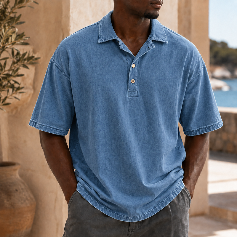 Mivanity Men’s Vintage Washed Cotton Linen Oversized Polo Shirt