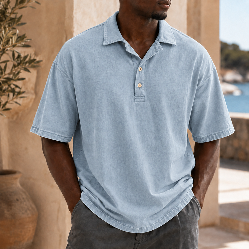 Mivanity Men’s Vintage Washed Cotton Linen Oversized Polo Shirt