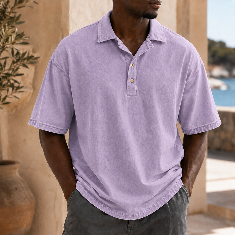 Mivanity Men’s Vintage Washed Cotton Linen Oversized Polo Shirt