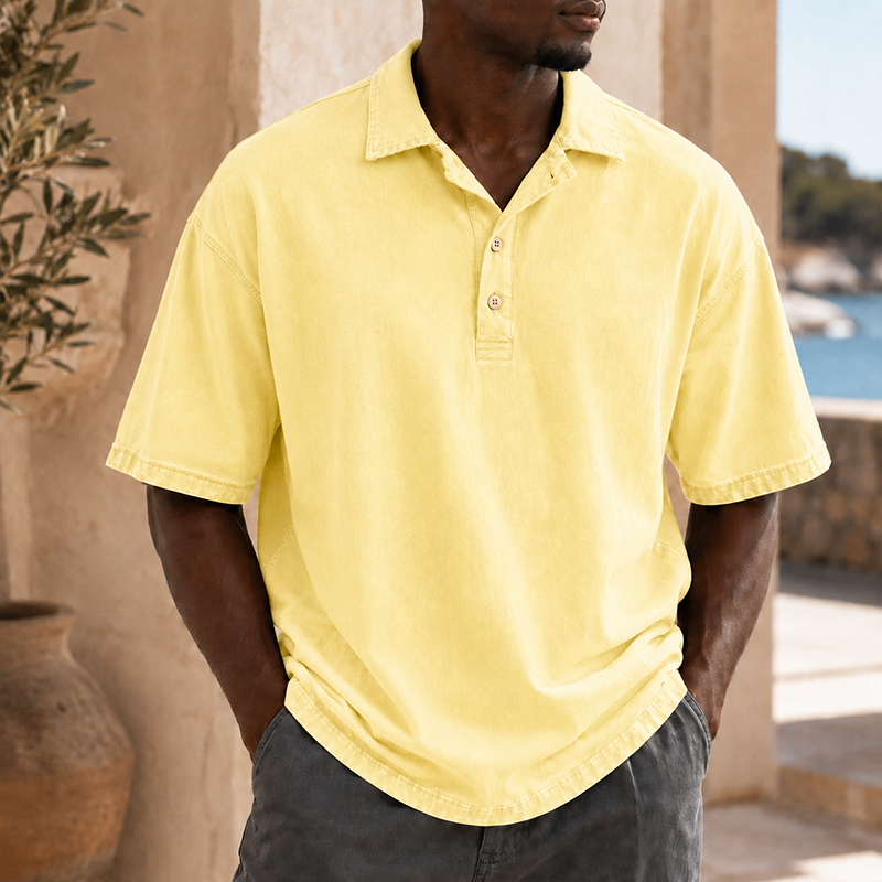 Mivanity Men’s Vintage Washed Cotton Linen Oversized Polo Shirt