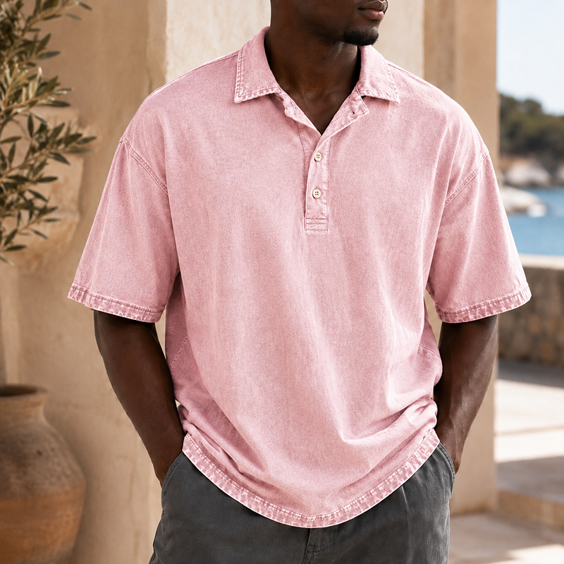 Mivanity Men’s Vintage Washed Cotton Linen Oversized Polo Shirt