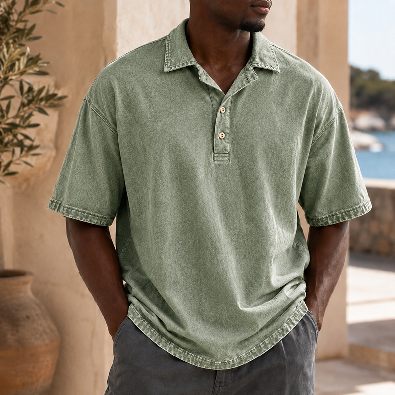 Mivanity Men’s Vintage Washed Cotton Linen Oversized Polo Shirt