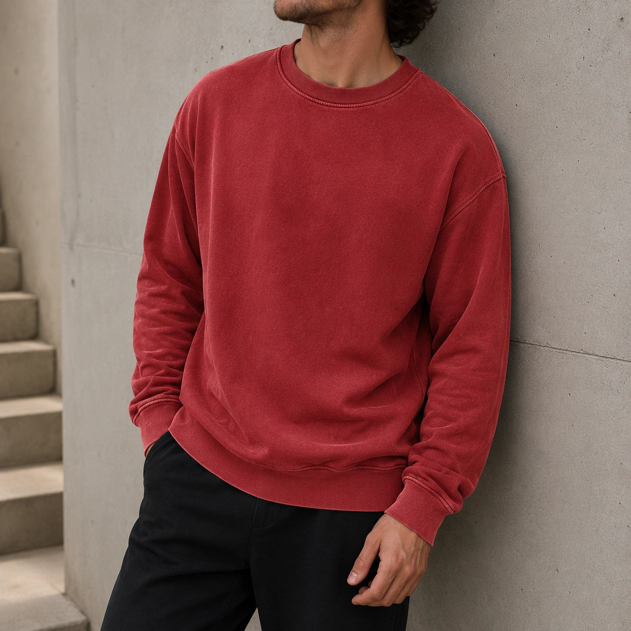 Mivanity Men's Vintage Washed Cotton Round Neck Long-sleeved Sweatshirt