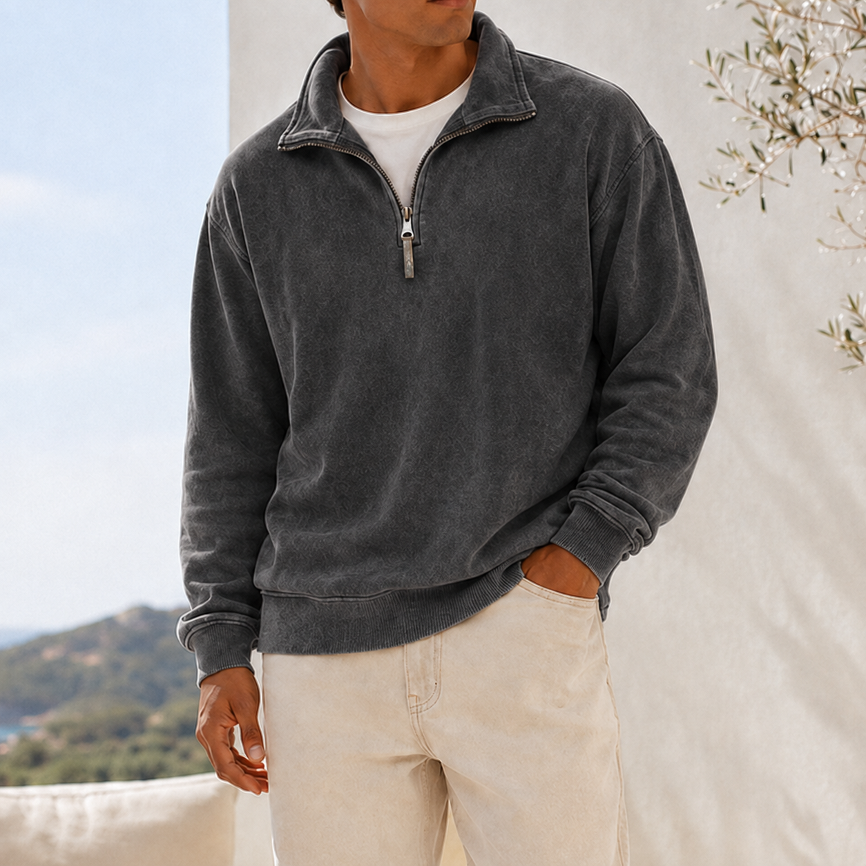 Mivanity Men's Vintage Washed Lightweight Quarter-Zip Pullover