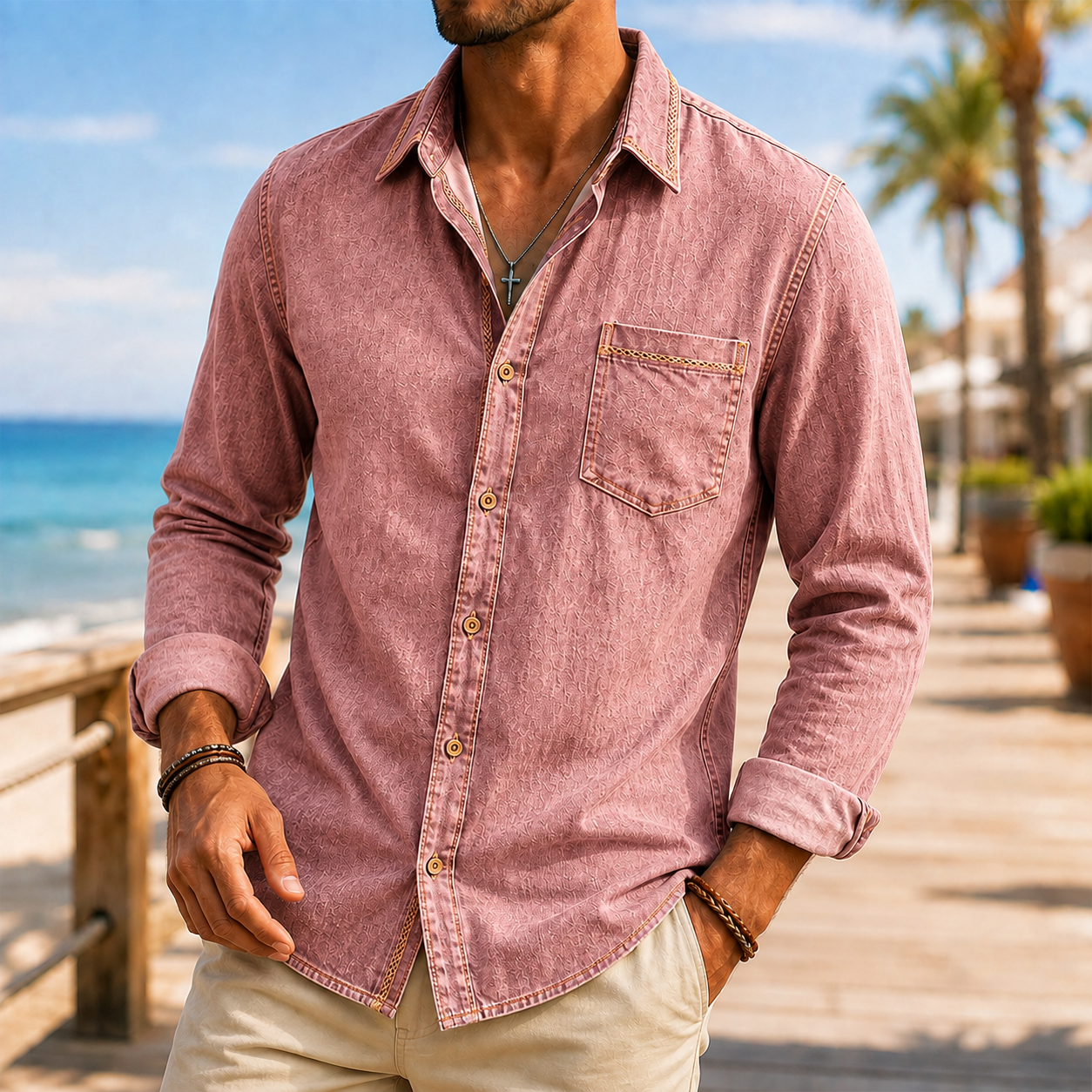 Mivanity Men's Vintage Washed Textured Cotton-Linen Shirt