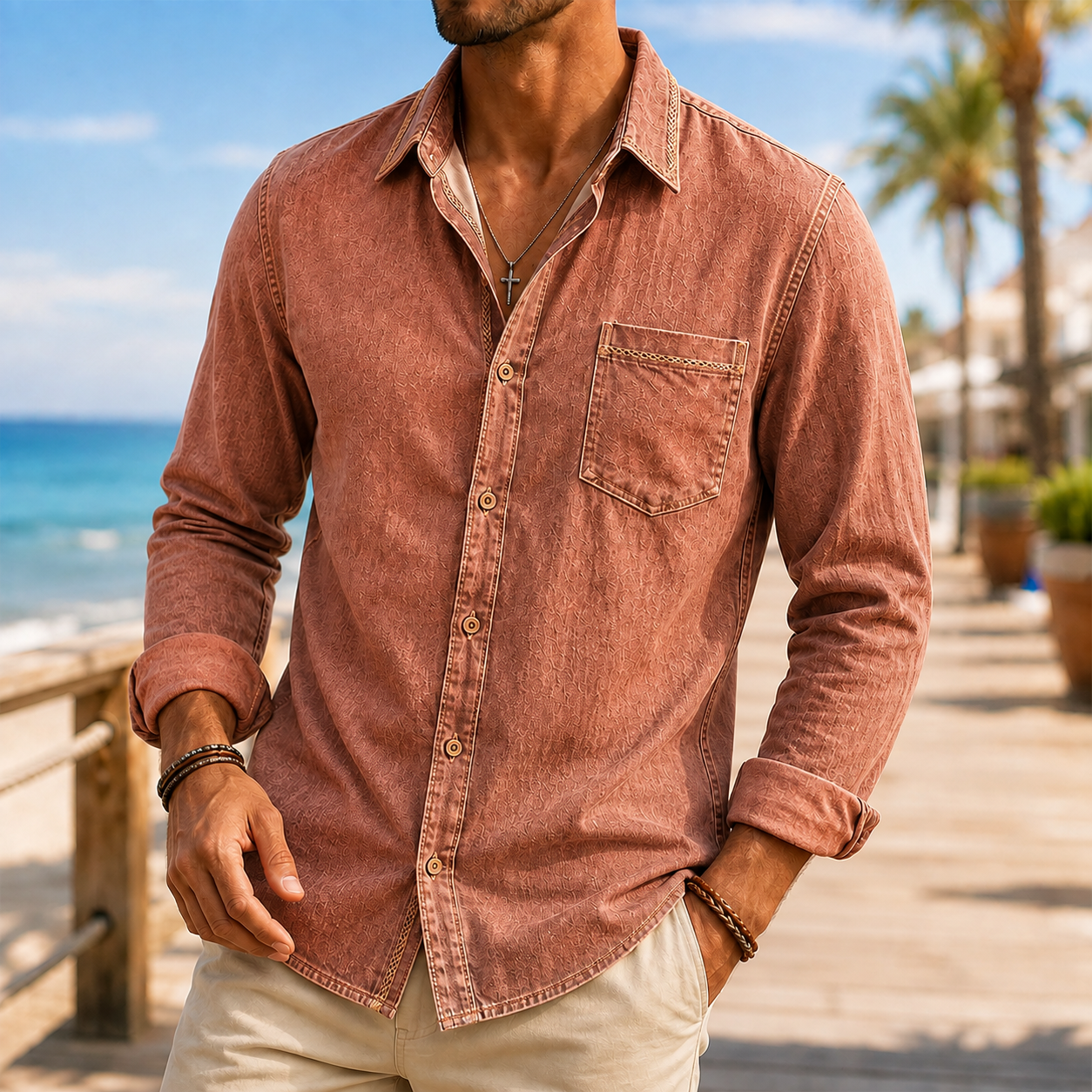 Mivanity Men's Vintage Washed Textured Cotton-Linen Shirt