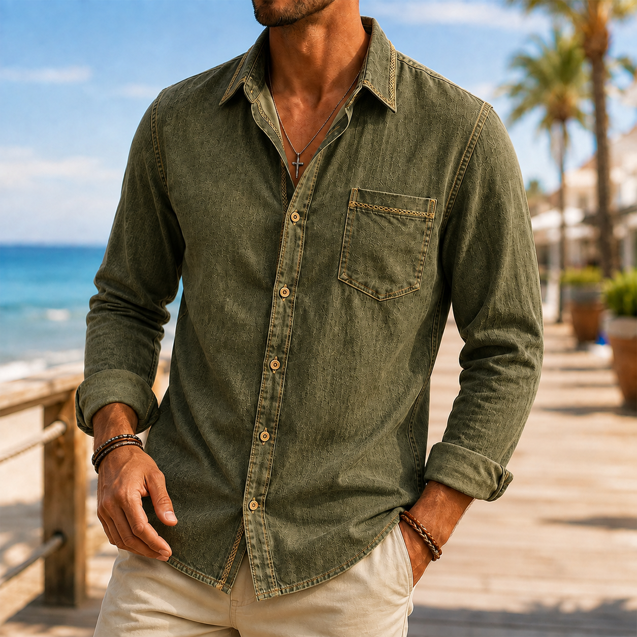Mivanity Men's Vintage Washed Textured Cotton-Linen Shirt