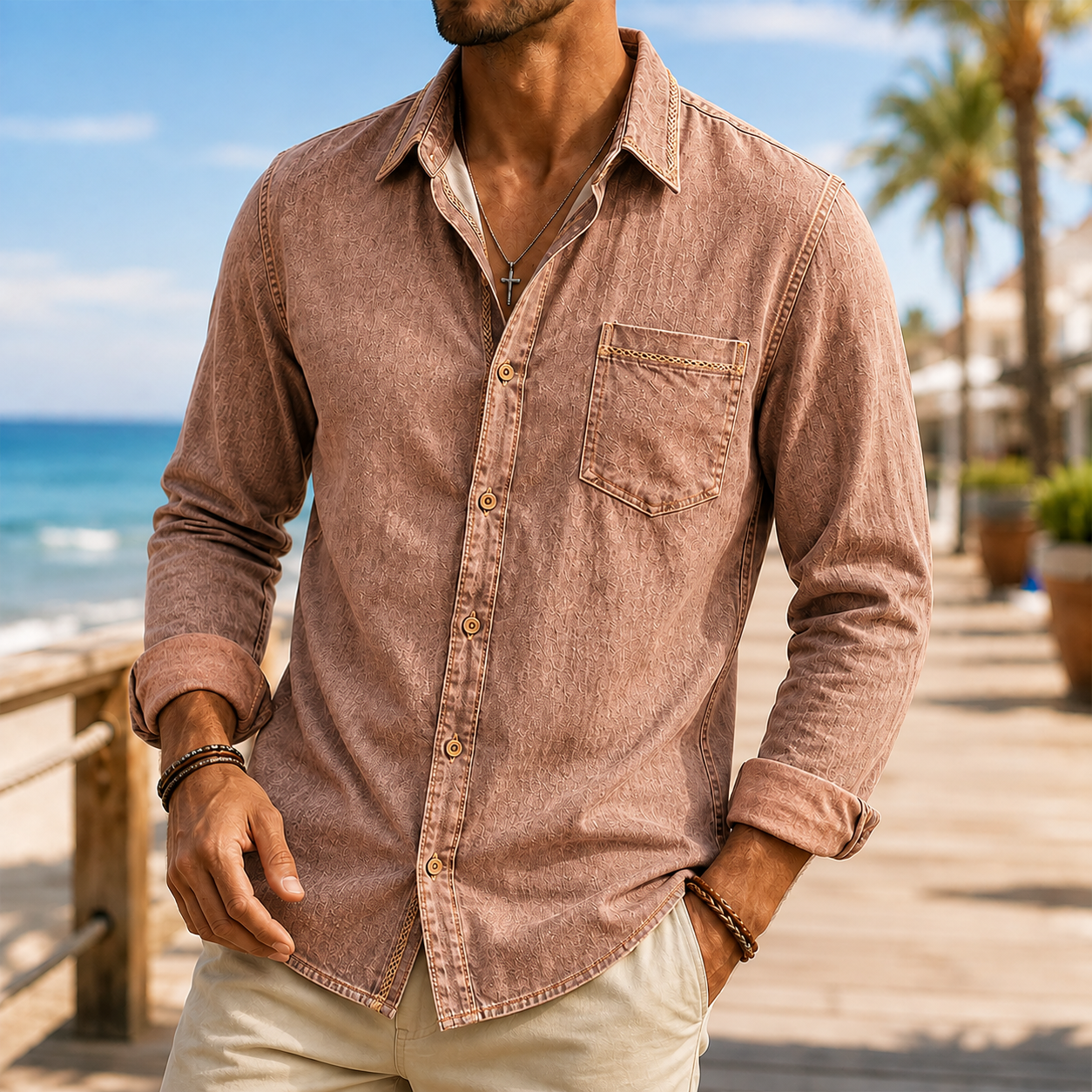 Mivanity Men's Vintage Washed Textured Cotton-Linen Shirt