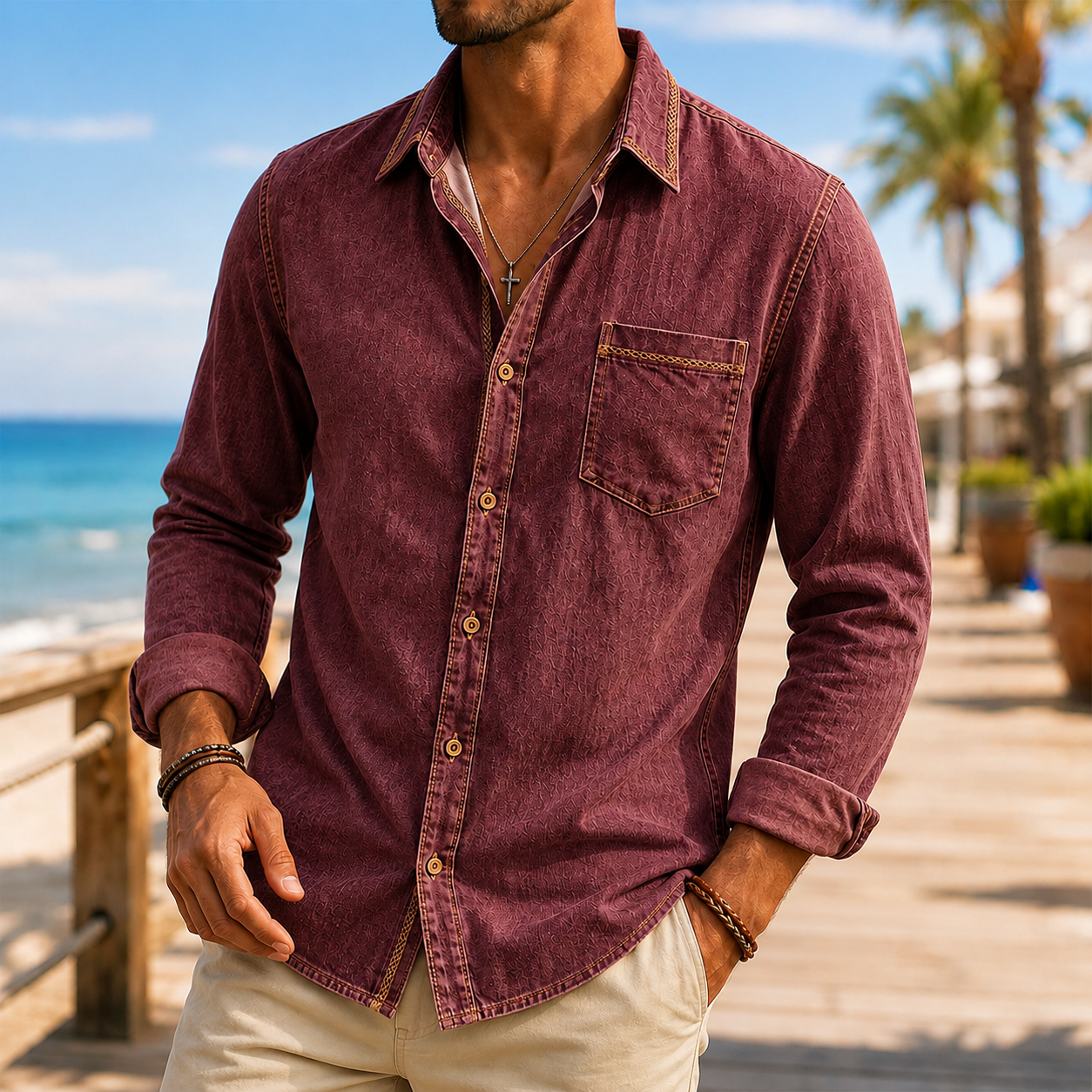 Mivanity Men's Vintage Washed Textured Cotton-Linen Shirt