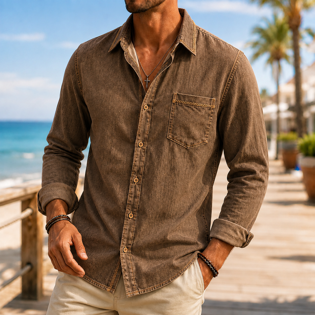 Mivanity Men's Vintage Washed Textured Cotton-Linen Shirt