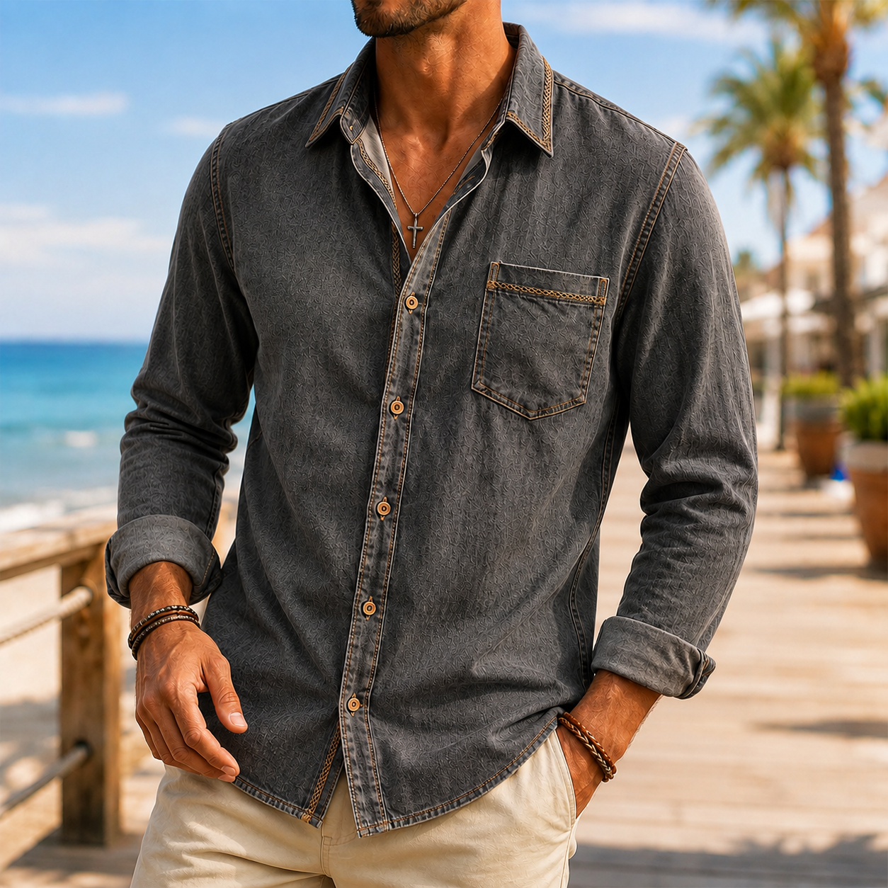 Mivanity Men's Vintage Washed Textured Cotton-Linen Shirt