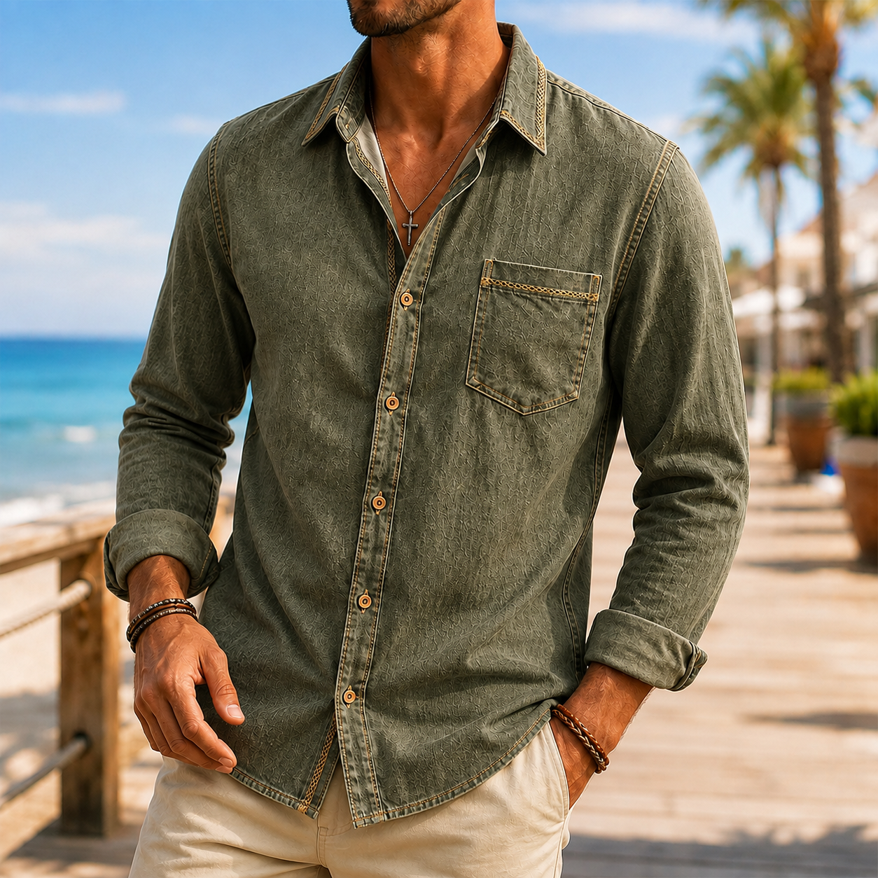 Mivanity Men's Vintage Washed Textured Cotton-Linen Shirt