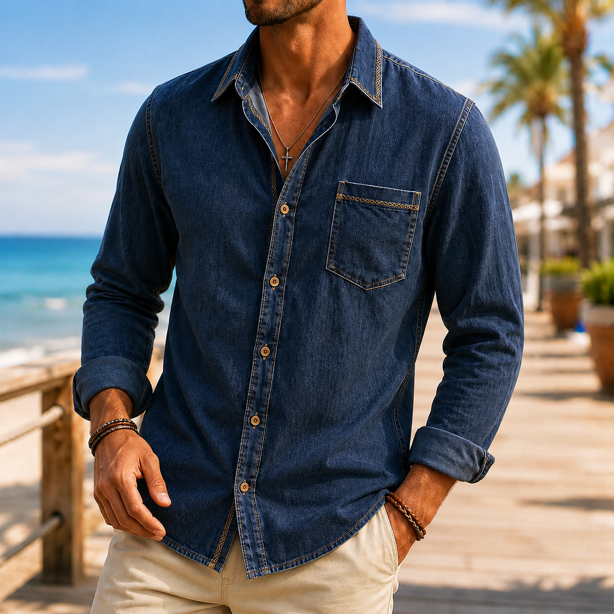 Mivanity Men's Vintage Washed Textured Cotton-Linen Shirt
