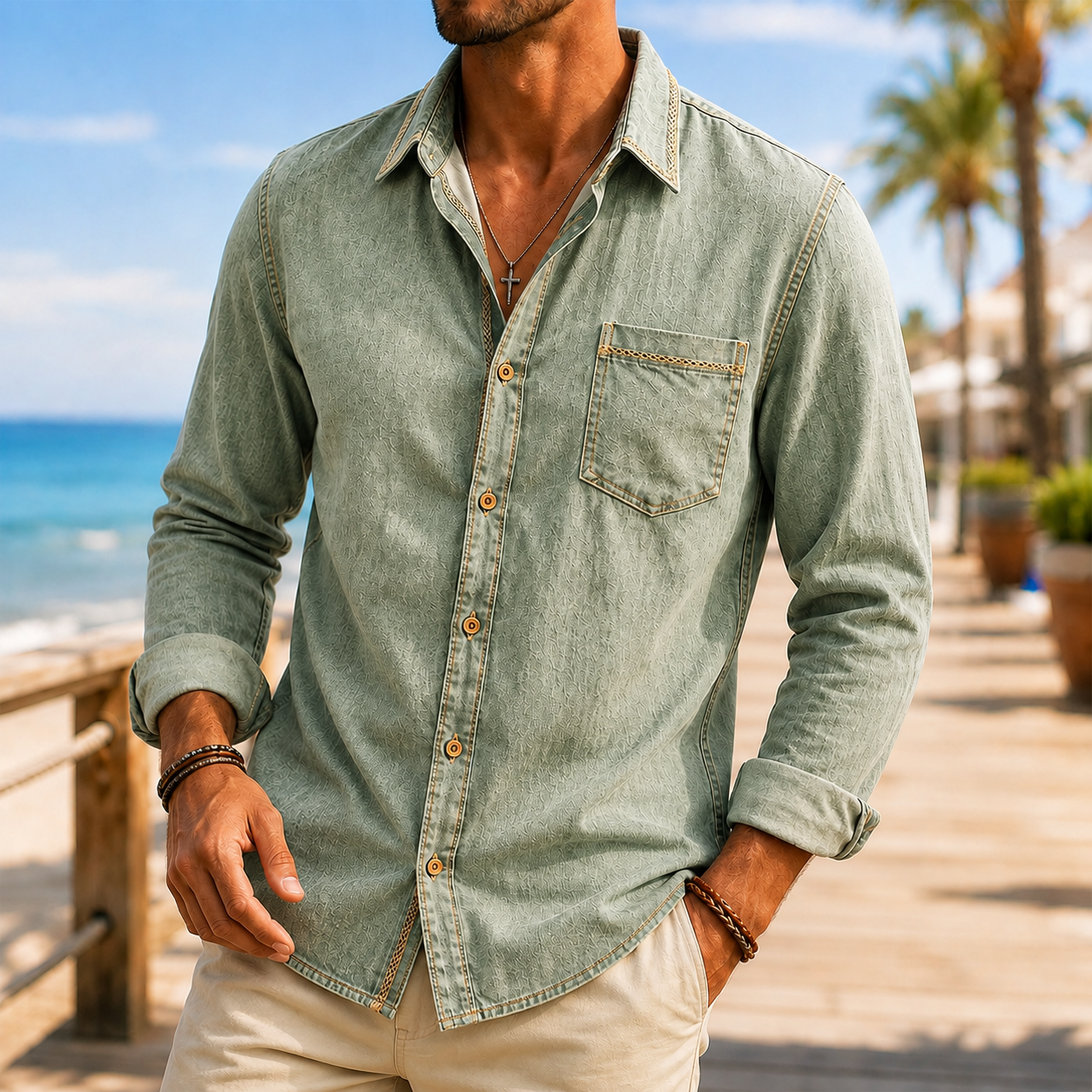 Mivanity Men's Vintage Washed Textured Cotton-Linen Shirt