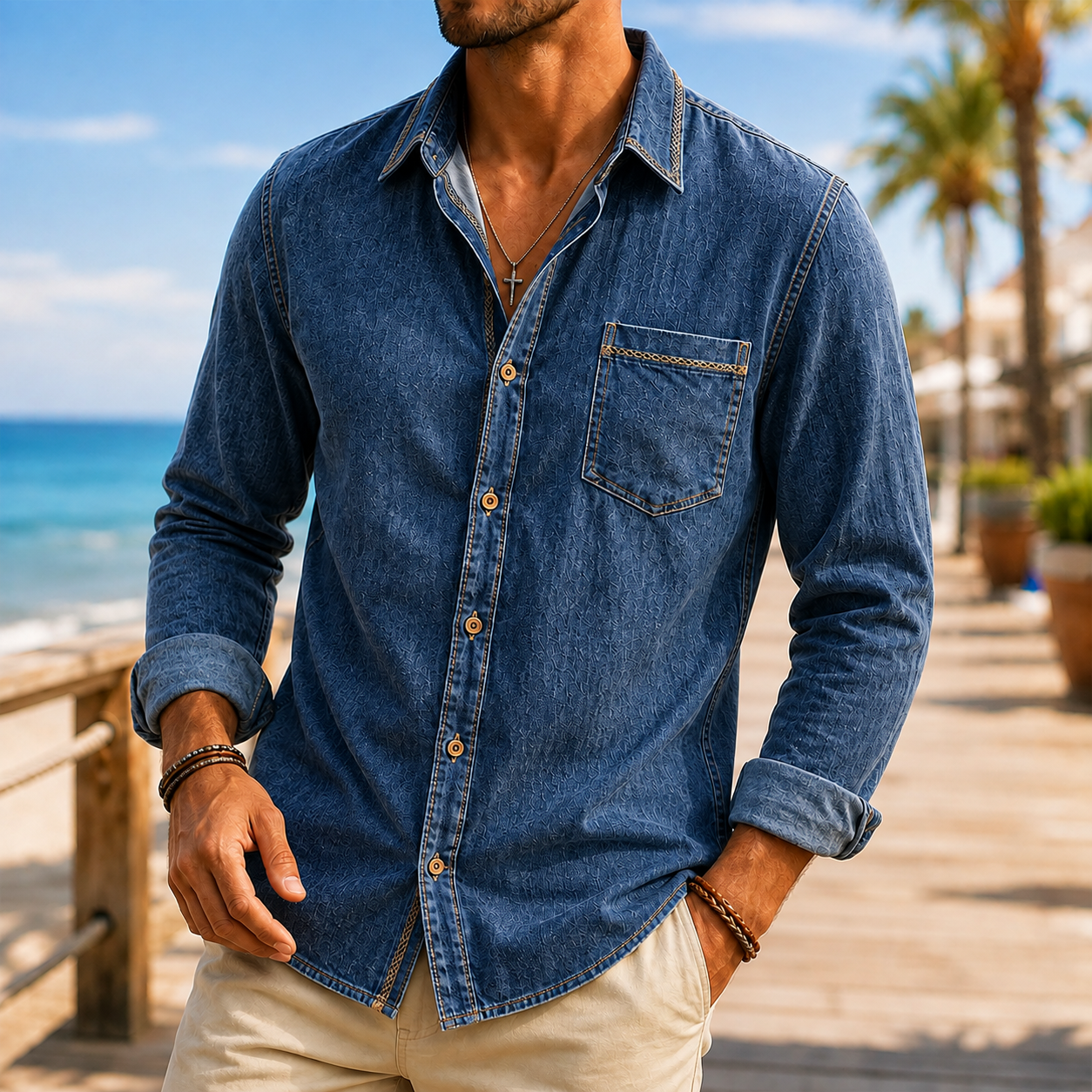 Mivanity Men's Vintage Washed Textured Cotton-Linen Shirt