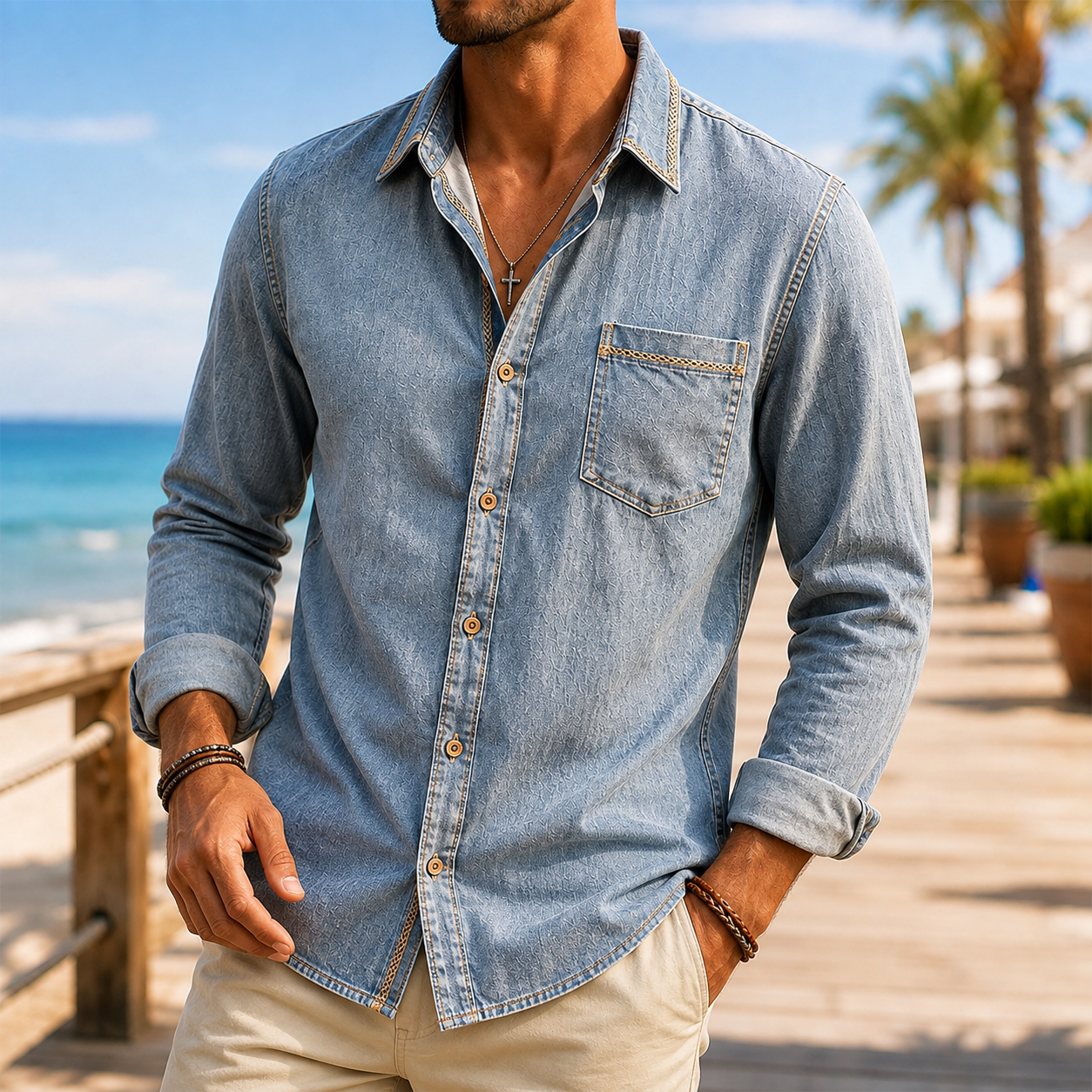 Mivanity Men's Vintage Washed Textured Cotton-Linen Shirt