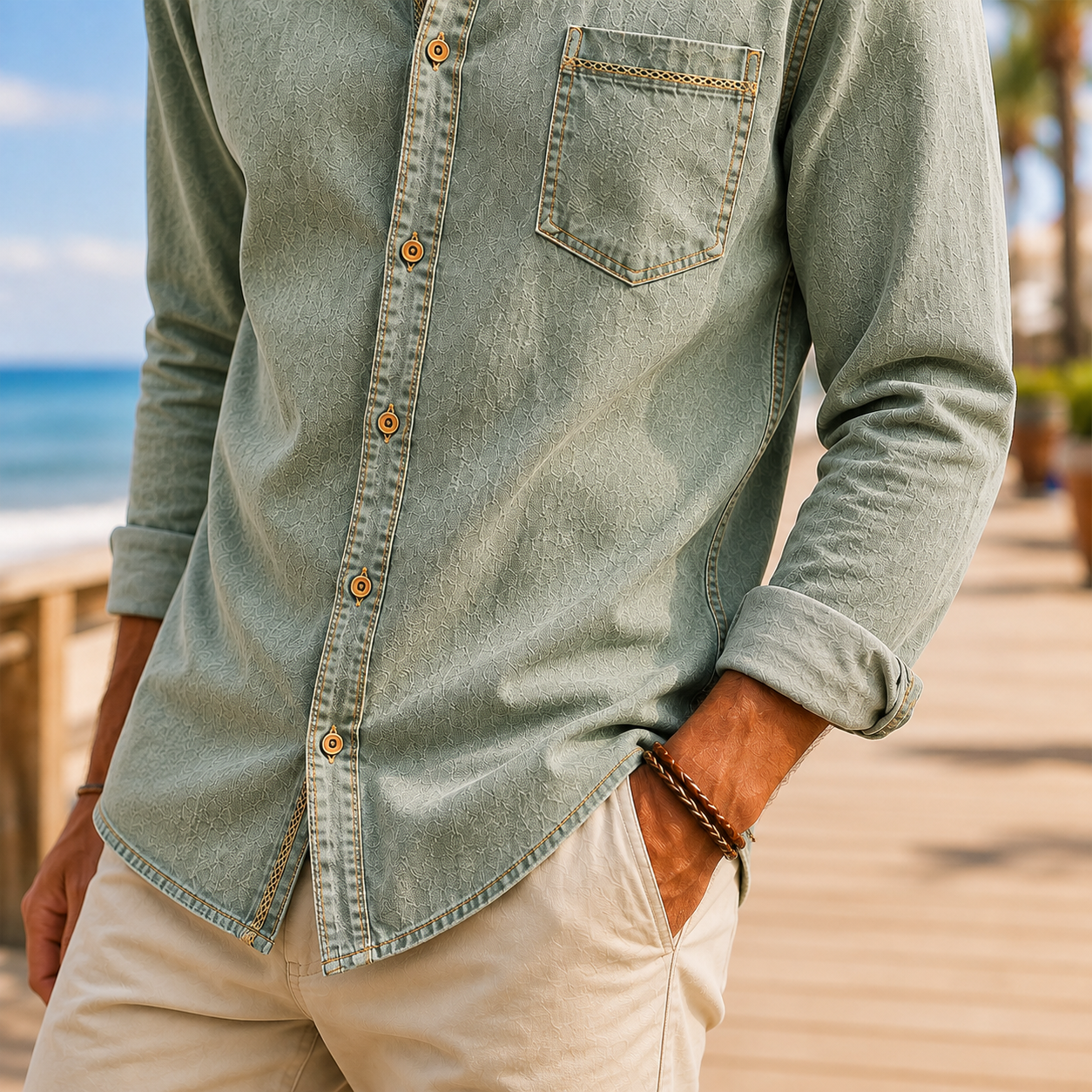 Mivanity Men's Vintage Washed Textured Cotton-Linen Shirt