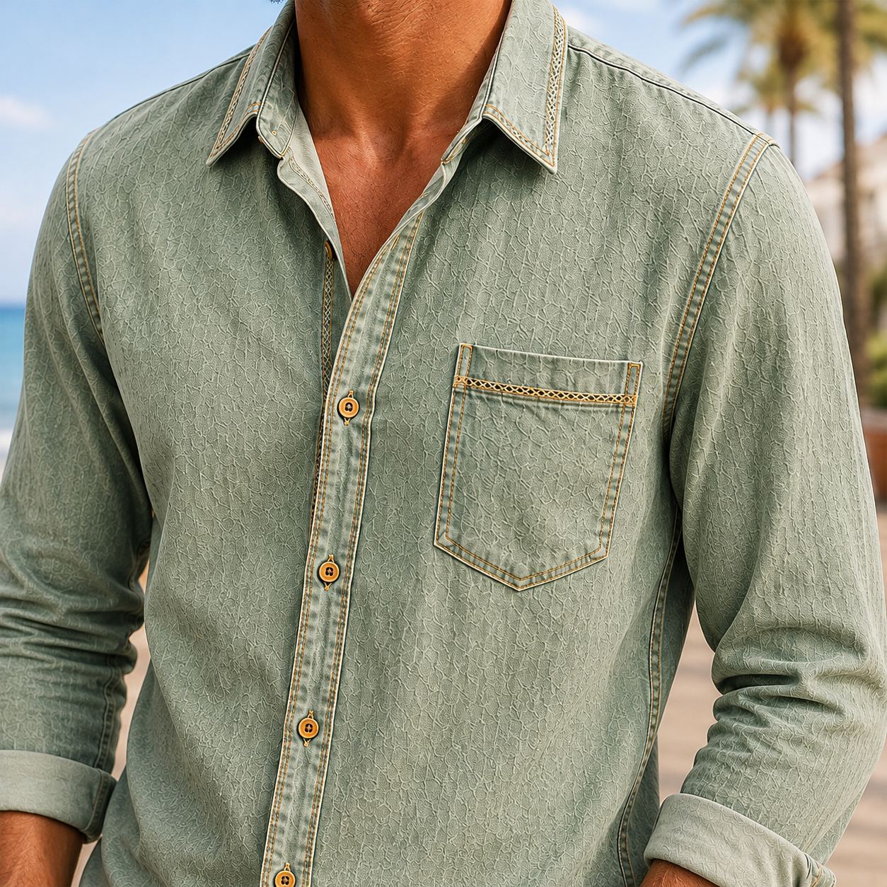 Mivanity Men's Vintage Washed Textured Cotton-Linen Shirt