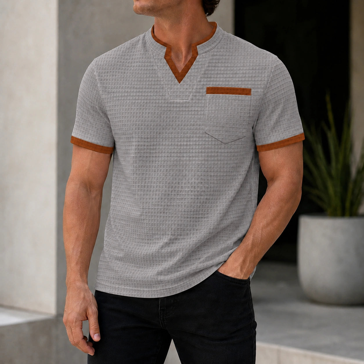 Mivanity Men's Waffle Knit Patchwork V-Neck Short-Sleeve T-Shirts
