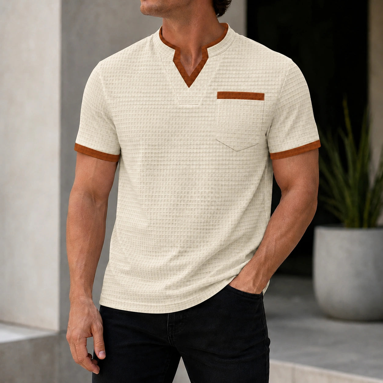 Mivanity Men's Waffle Knit Patchwork V-Neck Short-Sleeve T-Shirts