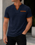 Mivanity Men's Waffle Knit Patchwork V-Neck Short-Sleeve T-Shirts