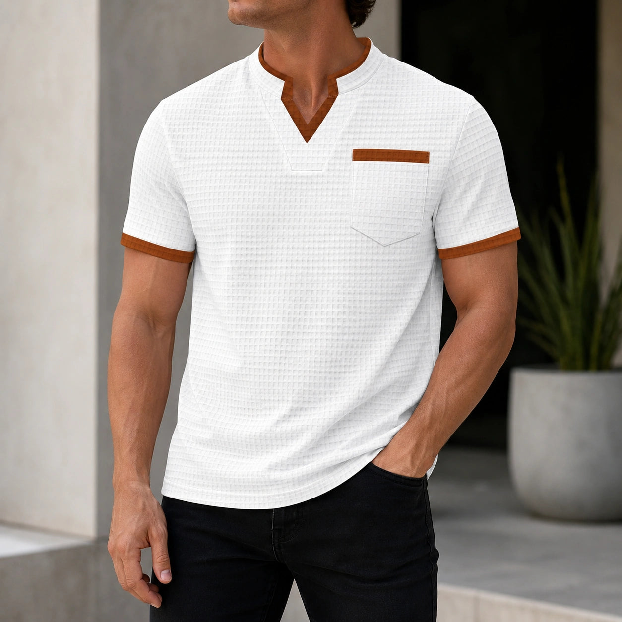 Mivanity Men's Waffle Knit Patchwork V-Neck Short-Sleeve T-Shirts