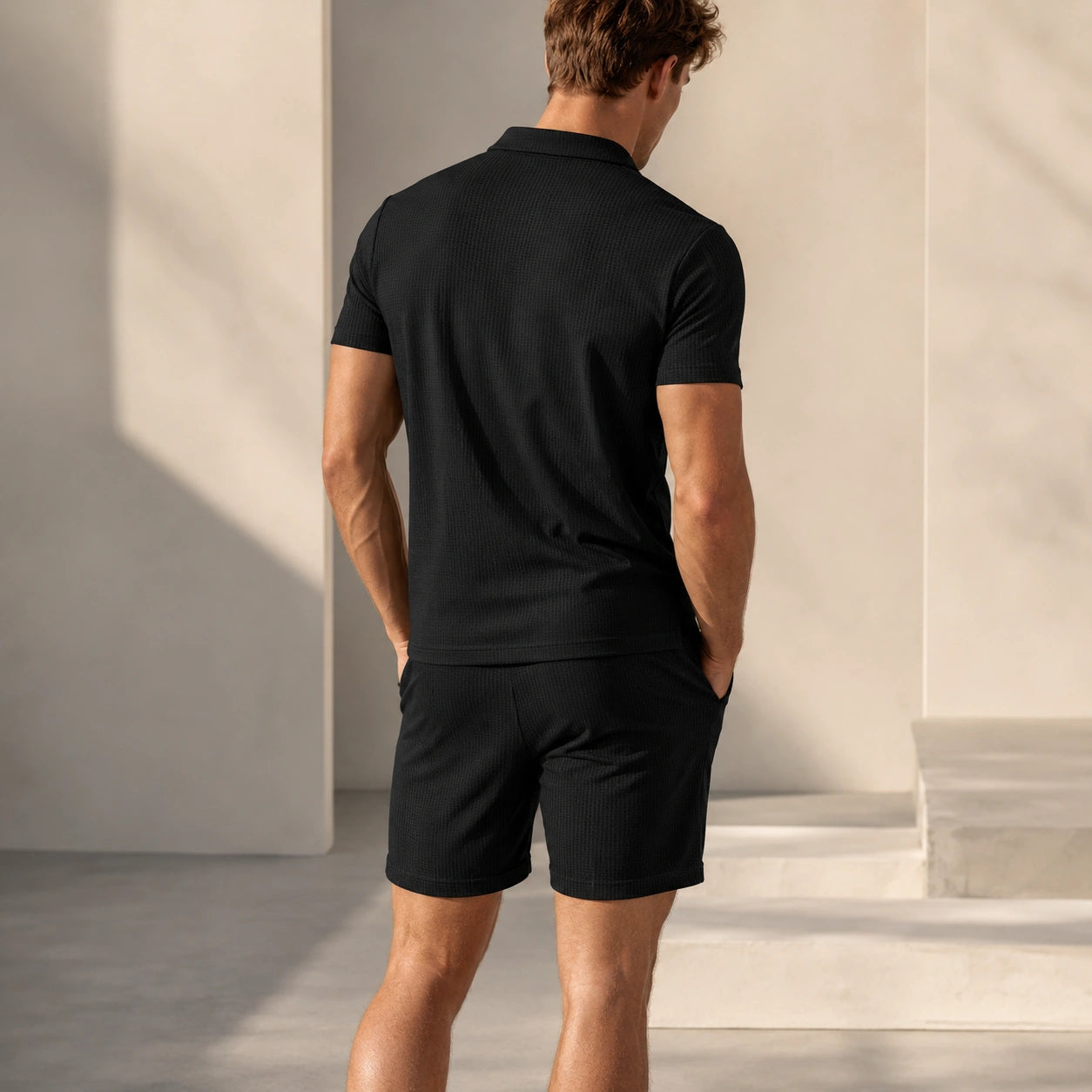 Mivanity Men's Waffle Knit Short-Sleeve T-Shirt Shorts 2-Piece Sets