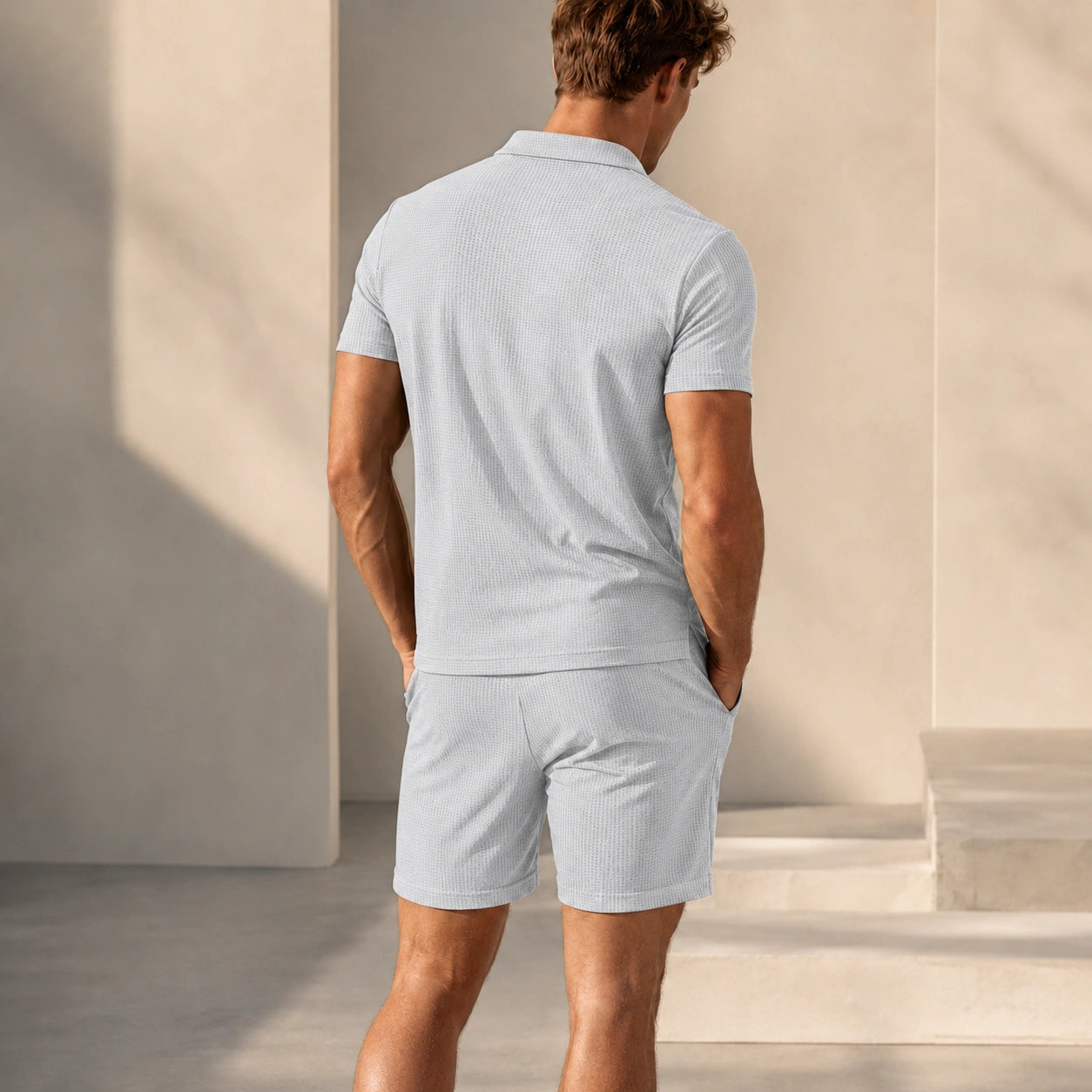 Mivanity Men's Waffle Knit Short-Sleeve T-Shirt Shorts 2-Piece Sets